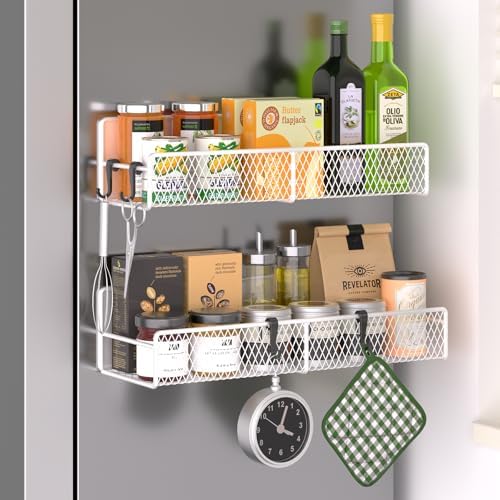 Magnetic Spice Rack for Refrigerator, 2 Pack Metal Magnetic Shelf White, Moveable Spice Organizer with Hooks, Super Magnetic Fridge Shelf for Kitchen Organization and Storage