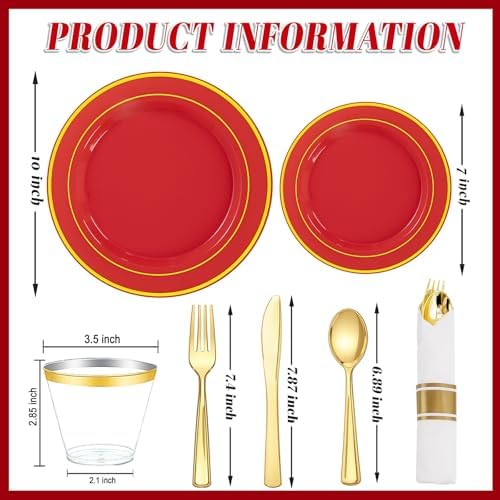 WDF Partyware 175 Pieces Red Plastic Plates with Gold Rim Include Dinner Plate 10" Dessert Plate 7" gold Cups 9 OZ, Pre Rolled Napkins 25 of each type for Wedding/Party/Birthday