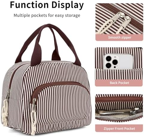 Lunch Bag Women Lunch Box for Women Adult Cute Insulated Lunch Bag Small Cooler Lunch Tote Bags for Work Picnic Travel (Coffee Stripes)