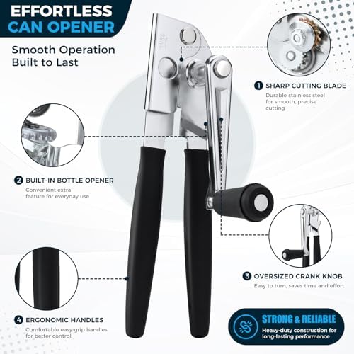 Heavy-Duty Commercial Manual Crank Can Openers,Rubber-Coated Long Handles (Pack of 2)