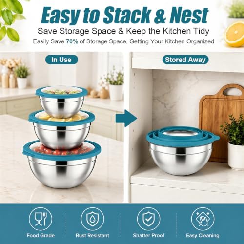 P&P CHEF Stainless Steel Mixing Bowls with Visible Airtight Lids, Blue