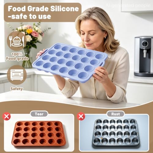 Blue Mini Silicone Cupcake Pan: 2 Pack 24 Small Cupcake Tin for Baking
