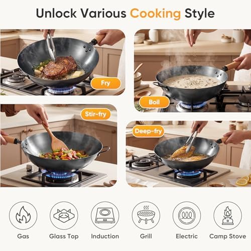 NEWBULIG 13.5" Carbon Steel Wok Pan, Pre-Seasoned Flat Bottom Wok for Stir Fry, BBQ, Grill & Camping, Compatible with Induction, Electric, Gas and Open Fire, Black