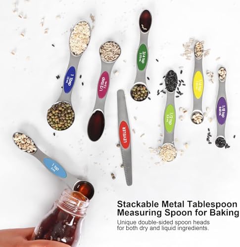 Magnetic Measuring Spoons Set Stainless Steel with Leveler, 8pcs Multicolors Measuring Cups Set for Baking, Measuring Cups and Spoon Set Kitchen Gadgets Apartment Essentials Fits in Spice Jars