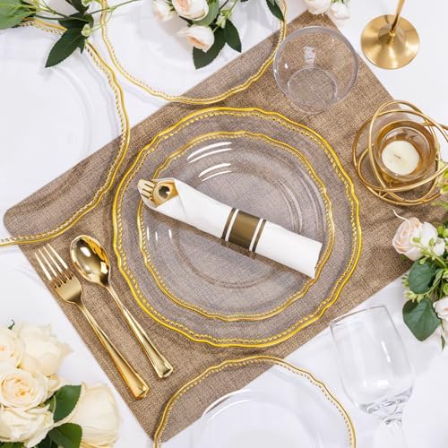 Hioasis 350 Pcs Clear Gold Plastic Plates for Wedding & Party