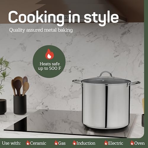 Stainless Steel Stockpot with Tempered Glass Lid 24 Quart, Durable 18/0 Stainless Steel, Impact-Bonded Base for Even Heating, Riveted Handles, Oven & All Stove Compatible, Safe Up To 500°F (260°C)