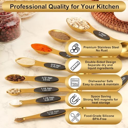 Gold Magnetic Measuring Spoons Set Stainless Steel with Leveler, Dual-Sided Stackable Metal Measuring Spoons for Baking & Cooking, Fits in Spice Jars, Heavy Duty Kitchen Gadgets, 8 Spoons & 1 Leveler