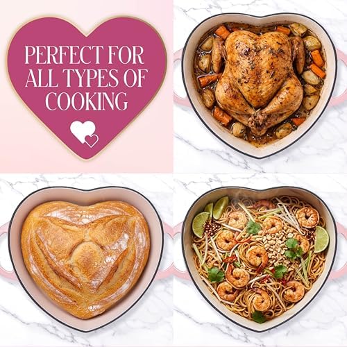 Paris Hilton Enameled Cast Iron Braiser, Heart-Shaped Skillet with Lid, Superior Heat Retention Casserole, Stovetop and Oven-to-Table, 3.5-Quart, Pink