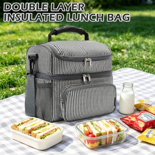 FlowFly Double Layer Cooler Insulated Lunch Bag Adult Lunch Box Large Tote Bag for Men, Women, With Adjustable Strap,Front Pocket and Dual Large Mesh Side Pockets