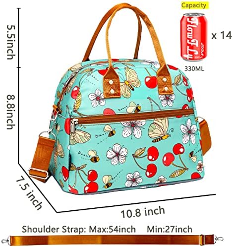 FlowFly Insulated Lunch Bag With Shoulder Strap for Women, Men, and Kids, Large and Reusable, Handle, Freezable Work and School Travel Tote and Meal Prep Organizer,Turquoise Cherry