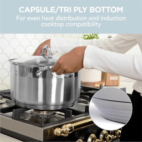 Alpha Living SP-12G Stainless Steel Pot with Capsule Bottom – Induction Compatible 12Qt Pot with Lid – Tri-Ply Ultra-Thick Bottom – Ideal for Spaghetti, Cooking, Canning, Boiling