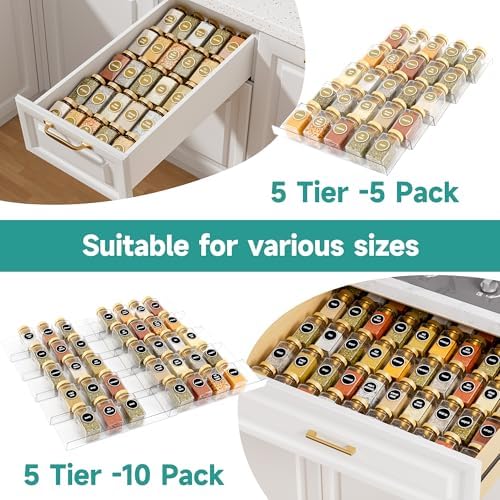 MIUKAA Acrylic Spice Drawer Organizer, 5 Tier - 10 Pack Seasoning Organizer for Drawer, Expandable From 13" to 26" Kitchen Drawer Spice Rack (Jars not Included)