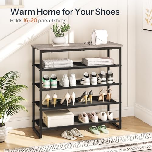 HOOBRO Shoe Rack, 5 Tier Shoe Storage Organizer with 4 Oxford Fabric Shelves and Top Panel, Holds 16-20 Pairs of Shoes, for Entryway and Closet, Industrial, Greige and Black BG50XJ01