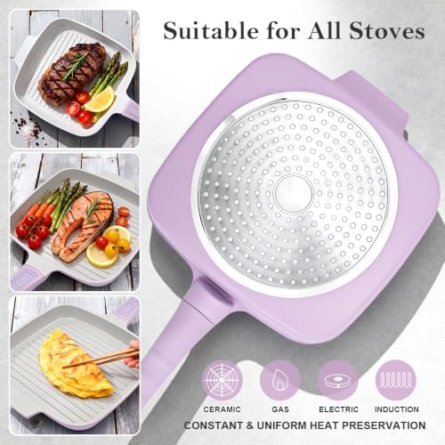 RANX INGST Nonstick Ceramic Griddle Pan with Lid, 10 Inch Steak Pan- Purple