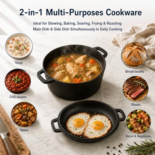 TeamFar 5qt Dutch Oven, Pre-seasoned Cast Iron for Bread Baking, Black