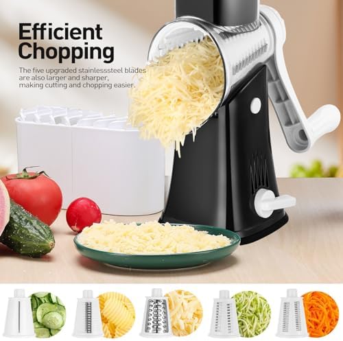 APSARAS USA Cheese Grater Hand Crank, Rotary Cheese Grater, 5 in 1 Rotary Grater, Cheese Shredder Replaceable Stainless Blades with Strong Suction Base, Easy to Clean Kitchen Gadgets with Storage Box