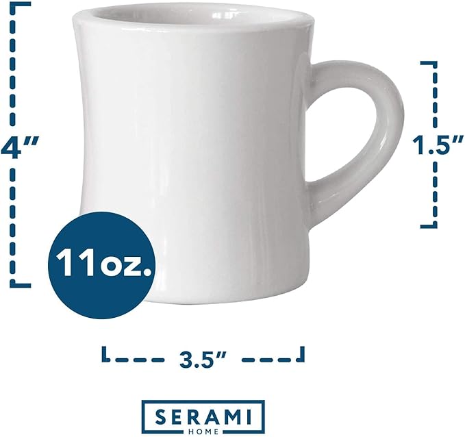 Serami Diner Coffee Mugs – Set of 6 Classic 11oz Ceramic Cups – Thick, Heavy Stoneware – Crisp White Color – Dishwasher & Microwave Safe