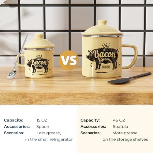 Bacon Grease Container with Strainer-15OZ Enamel Saver, Dishwasher Safe