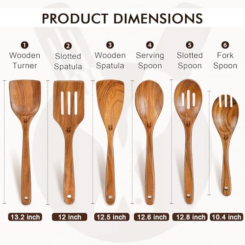 Wooden Spoons for Cooking, 6 Pcs Natural Teak Wooden Kitchen Utensils Set, Cooking Utensils Set with Long & Comfort Grip, Wooden Spoons Spatula Set Perfect for Non-Stick Cookware