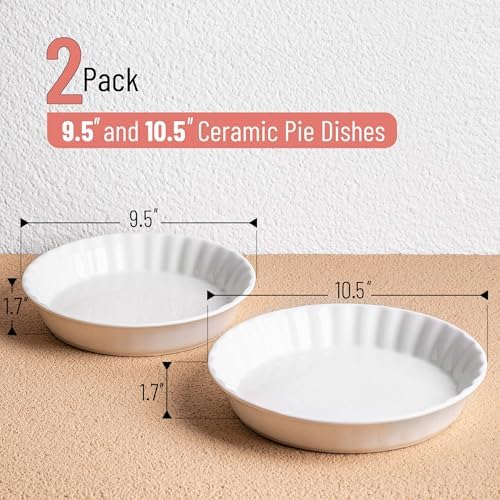 Brew To A Tea BTaT- Ceramic Pie Pan for Baking, 2 Pack, 10.5" & 9.5", Porcelain Ceramic Pie Plate for Salad, Pasta, Fruit and Tart, Freezer, Oven, Microwave and Dishwasher Safe