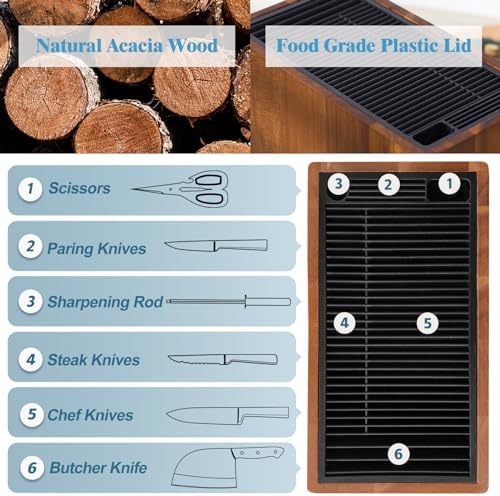 Universal Knife Block Without Knives, Acacia Wood Large Knife Holder