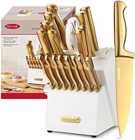 McCook® Kitchen Knife Sets, Golden Titanium Stainless Steel Knives Block Set with Built-in Sharpener, 20 Piece Knives, Restaurant Grade Sharp, Elegant Gold & Stylish Wooden Block for Modern Culinary
