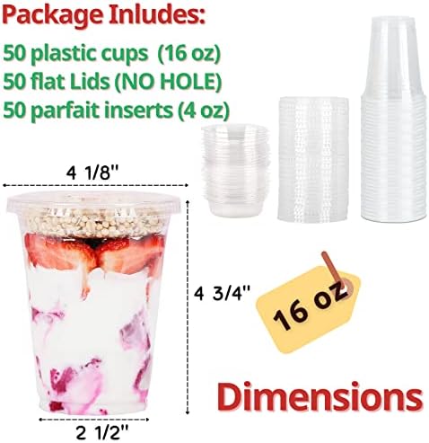 Aatriet 16 oz Clear Plastic Parfait Cups with Insert 4oz & Flat Lids No Hole - (50 Sets) Yogurt Fruit Parfait Cups for Kids, for Dips and Veggies, Take Away Breakfast and Snacks. No Leaking