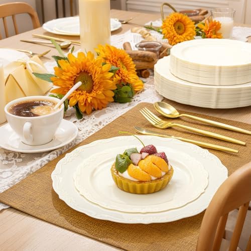 U-QE 100 Pcs Ivory Plastic Plates for Party - Ivory Disposable Plates