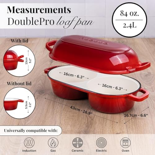 Dutch Oven For Sourdough Bread Baking – Enamelled Cast Iron Bread Loaf Pot – 500°F Oven Safe Non Stick Bread Pot – Double Round Loaf Space, 16.5cm Diameter, Red, – by Nuovva