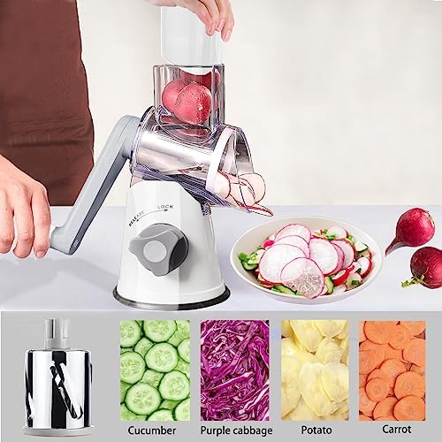 Handheld Rotary Cheese Grater Shredder- 3 Interchangeable Stainless Steel Drum Blades Manual Round Mandolin Vegetable Slicer Nut Grinder with Upgraded Strong Suction Base & Free Sharp Peeler, White