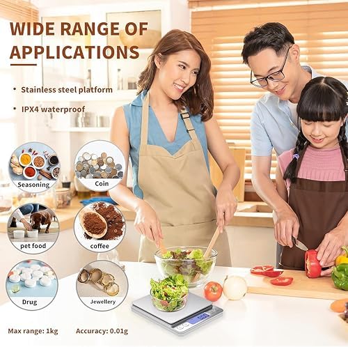 Digital Gram Scale 1000g/0.01g, Scale for Food Ounces and Grams, Upgrade USB Charging Kitchen Scale Digital Weight for Cooking, Baking, Tare Function, 9 Units, 2 Tray