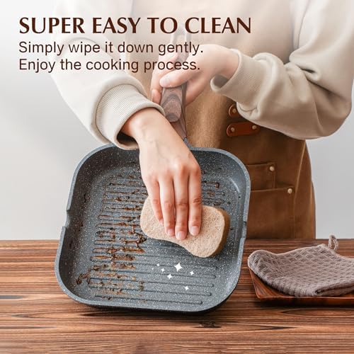 SENSARTE Nonstick Grill Pan with Lid, Grill Pan for Stove Tops, Versatile Griddle Pan with Pour Spouts, Square Grill Pan for Big Cooking Surface, Grill Skillet for Indoor Outdoor Grilling. PFOA Free