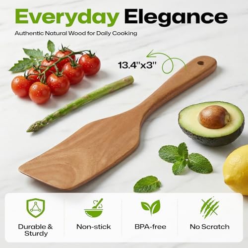 AIUHI Wooden Spatulas, Non-stick Flat Cooking Spatula for Cooking, Teak Wood Turner Scraper for Frying, Flipping and Turning