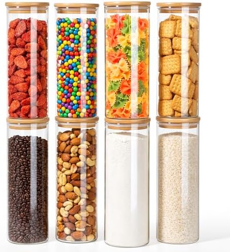 77L Stackable Glass Food Storage Containers with Lids [Set of 8 ], Airtight Glass Canister for Kitchen & Pantry Organization, Clear Borosilicate Jars for Pasta, Cereal, Flour, Sugar, Nuts