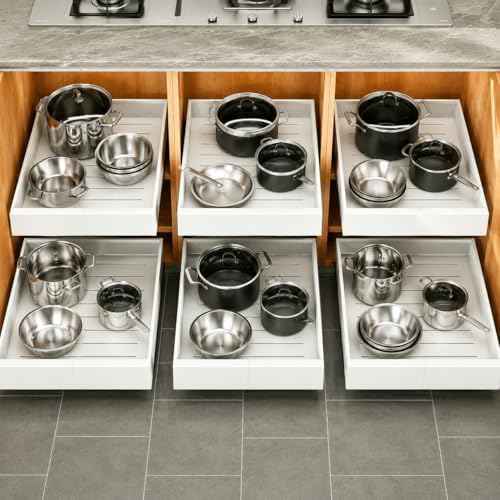 Pull out Cabinet Organizer, 6-pack, Expandable(12"-20") Heavy Duty Slide out Drawers Fixed with Adhesive Nano Film for Pots, Roll out Shelf Storage for Kitchen Base Cabinet Organization(3 Rails)