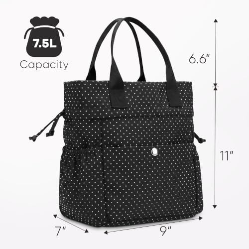 Yarnic Lunch Bag Women Insulated Lunch Box (Polka Dots Black)