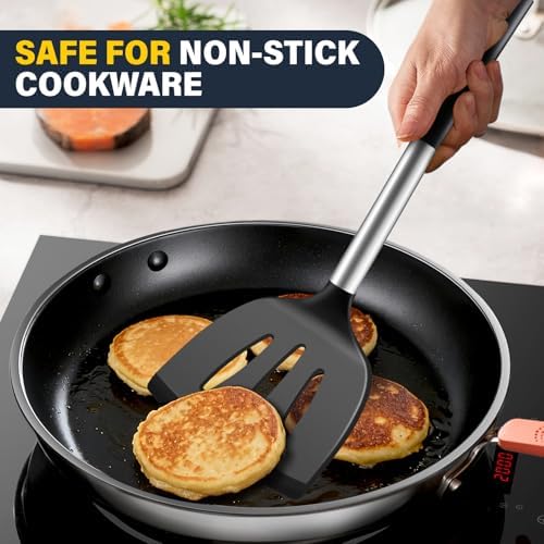 Silicone Spatula Set, Heat Resistant Fish Spatula, Solid & Slotted Turner for Non-Stick Pans, Silicone Cooking Utensils, BPA-Free, Flexible Kitchen Spatula for Flipping Eggs, Burgers, Black, 3 PCS-B