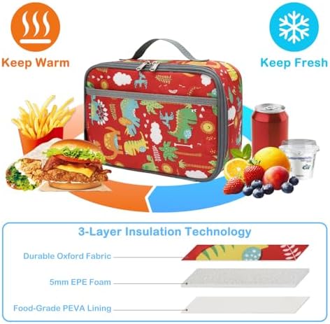 FlowFly Kids Lunch box Insulated Soft Bag Mini Cooler Back to School Thermal Meal Tote Kit for Girls, Boys,Dinosaur&Coconut