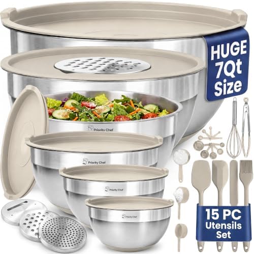 Priority Chef 6Pc Stainless Steel Mixing Bowls with Lids Set, Huge 7 Qrt Size Metal Bowl Set for Kitchen, 3 Graters, Non-Slip Bases & Silicone Utensils Set, Khaki