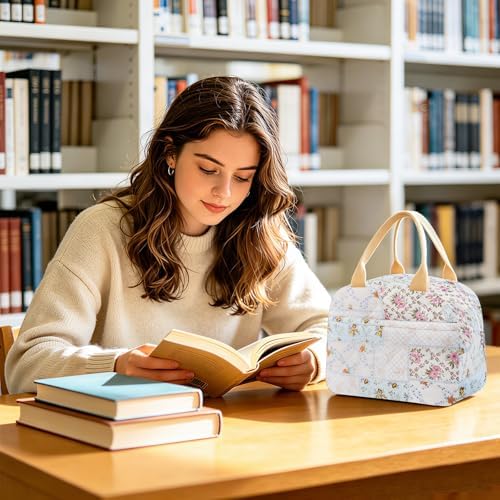 Cotton Quilted Insulated Lunch Bag, Reusable Quilted Floral Lunch Tote Bags
