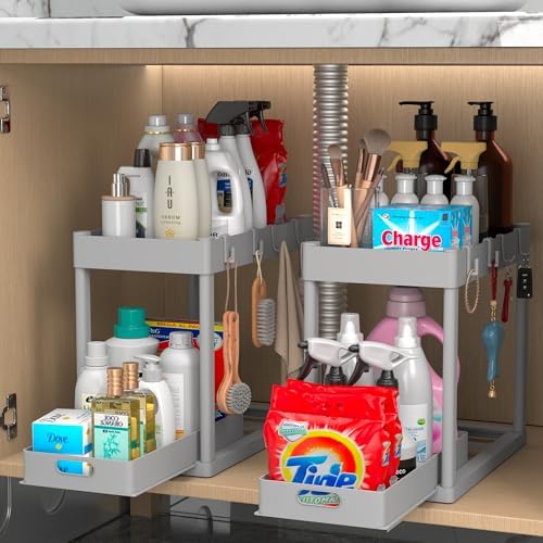 2PC Under Sink Organizer Rack 2 Tier Under Sliding Cabinet Basket Organizer Drawer with 4 Hooks, Multi-purpose Under Sink Storage for Bathroom Kitchen Desktop（Grey）