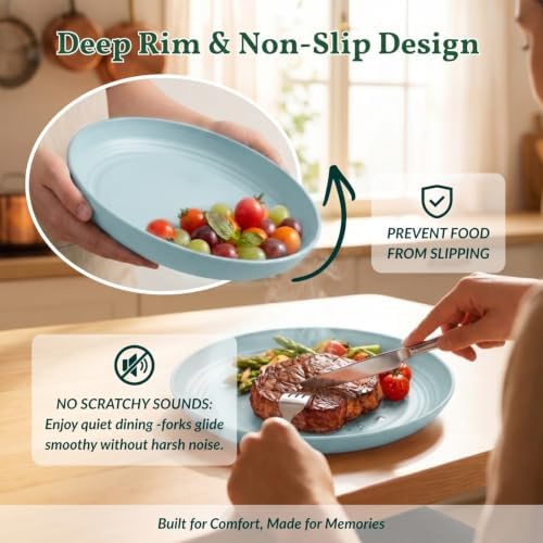 Homienly Wheat Straw Deep Plates 9 Inch Unbreakable & Lightweight Plastic Dinner Plates Alternative for Dessert, Sandwich 8 PCS Microwave & Dishwasher Safe Reusable Plate for Camping, RV-Light Blue