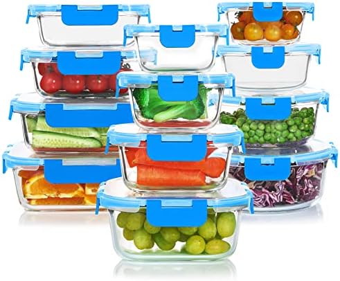 KOMUEE 24 Pieces Glass Food Storage Containers Set, Blue
