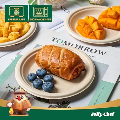 JOLLY CHEF 100% Compostable Small Paper Plates, 200 Pack 6 Inch Heavy Duty Dessert Plates, Disposable Biodegradable Eco-Friendly Sugarcane, Bulk Nature
