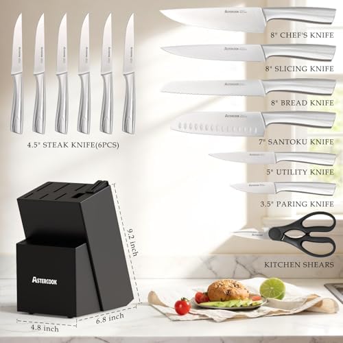 Astercook Knife Set, Kitchen Knives Set with Block and Sharpener Full Tang 15 Pcs Stainless Steel Knives, Dishwasher Safe Knife Set with Anti-Slip Ergonomic Handle, Black, Fathers Day Gift for Men