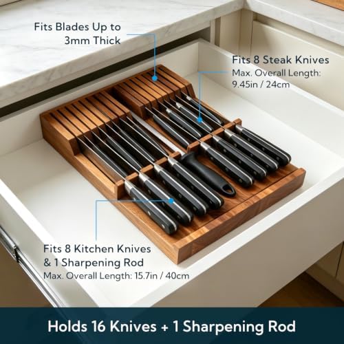 KITCHENDAO Acacia Wood In-Drawer Knife Block for 16 Knives & Sharpening Rod