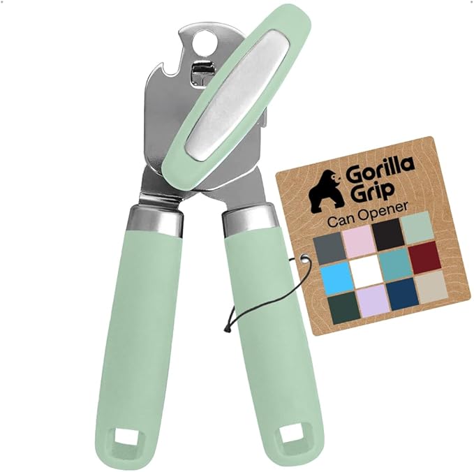 GORILLA GRIP Heavy Duty Stainless Steel Smooth Edge Manual Can Opener and Bottle Openers, Soft Comfortable Handle, Oversized Handheld Turn Knob, US Designed Multifunctional Kitchen Tool, Mint