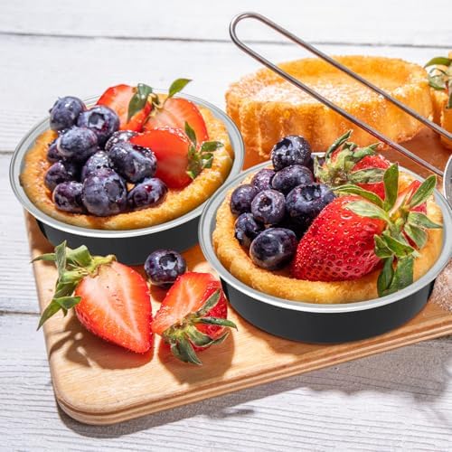 Yinder 8 oz Disposable Creme Brulee Ramekins with Lids, 4 Inch Mini Pie Tins Aluminum Foil Pie Tart Cake Baking Pans Individual Round Containers Oven Safe(Black & Silver,120 Pcs)