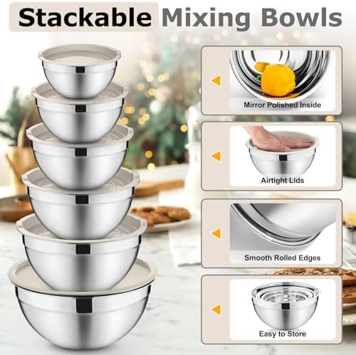 P&P CHEF Mixing Bowls with Lids Set of 6, Nesting Salad Bowl, Khaki