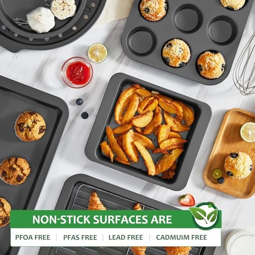 HONGBAKE Bakeware Sets, Baking Pans Set, Nonstick Oven Pan for Kitchen with Wider Grips, 10 Pieces Including Rack, Cookie Sheet, Cake Pans, Loaf Pan, Muffin Pan, Pizza Pan - Grey (Pack of 2)